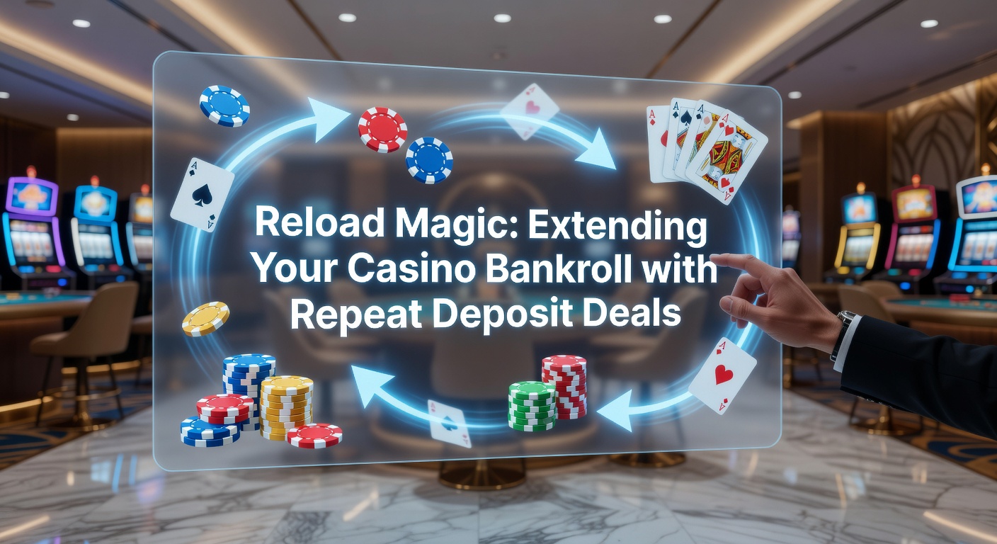 Grafik zeigt einen Spieler, der mit Reload-Boni seinen Bankroll aufstockt, umgeben von Casino-Chips und Bonus-Symbolen